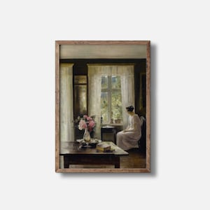 Antiek portret van een vrouw bij het raam, interieurscène, vintage olieverfschilderij, Europese portretkunst, giclee Fine Art-print