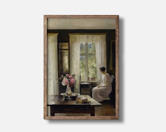 Retrato de mujer vintage junto a una ventana: Impresión artística Giclée europea.