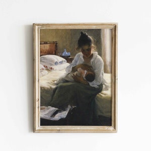母と子の絵画、授乳中の母親、ヴィンテージの保育園のプリント、母親の肖像画、赤ちゃんに授乳する母親、母性