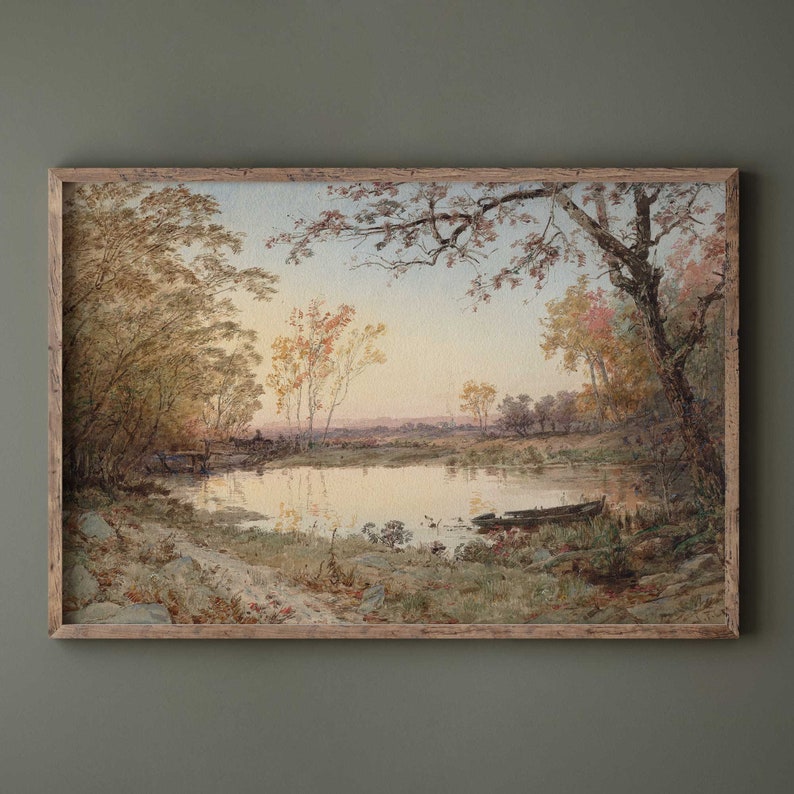 Neutral Autumn Pond Landscape Art, Print of Old Antique Oil Painting