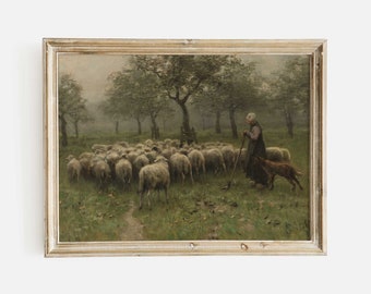 Antique Sheep Painting, English Farmhouse Scene, Country Farm Painting Print, Vintage Landscape Print, Giclee Fine Art Print