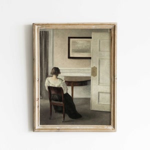 Antique Portrait Woman Reading, Vintage Interior Scene, Old Oil Painting, Still Life Portrait Painting, Premium Fine Art Print