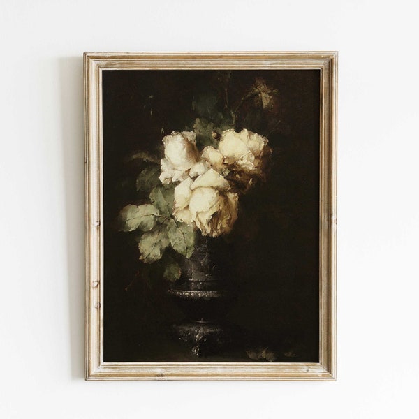 Impression de roses dans un vase, peinture florale sombre et de mauvaise humeur, impression de peinture nature morte vintage, art floral ancien, décoration de ferme