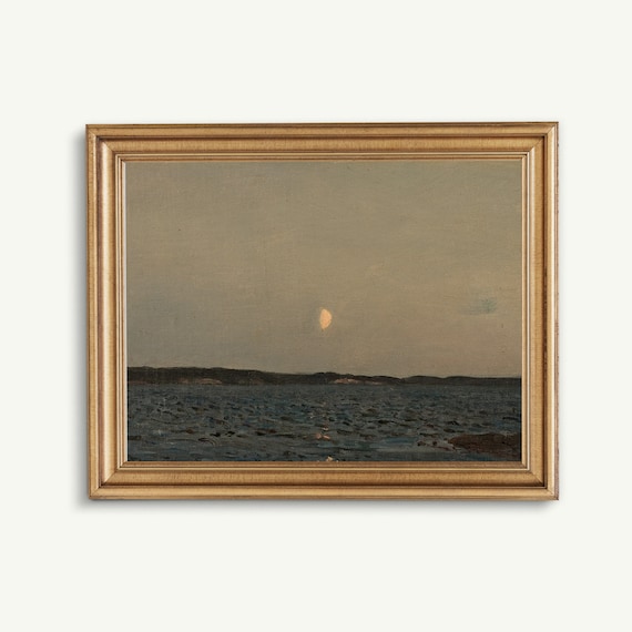 Vintage Seascape Art Print: Moody Night Ocean Painting