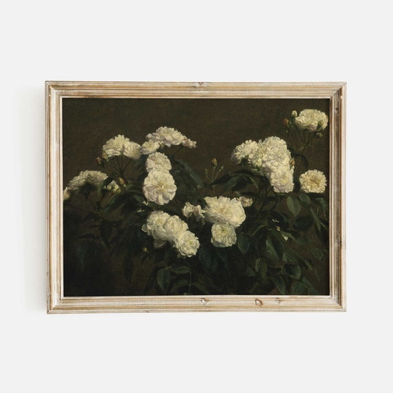 Still Life White Roses Painting, Vintage Flower Print, Antique Botanical Art