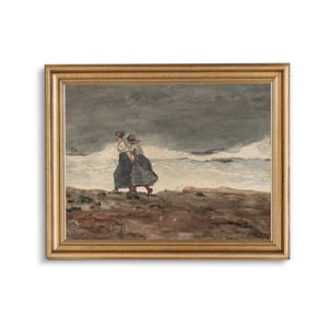 Vintage Coastal Watercolour Painting, Two Girls Walking by the Sea,  Antique Beach Art, Muted Ocean Wall Art, Lake House Decor