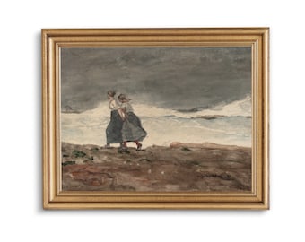 Vintage Coastal Watercolour Painting, Two Girls Walking by the Sea,  Antique Beach Art, Muted Ocean Wall Art, Lake House Decor