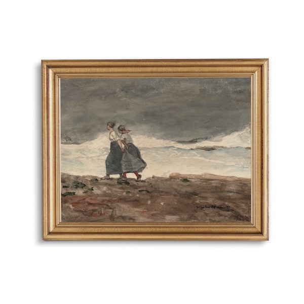 aquarelle côtière vintage, deux filles marchant au bord de la mer, art ancien de plage, art mural océan estompé, décoration de maison sur le lac