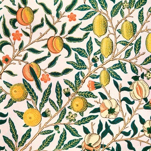 May include: A vintage floral pattern featuring a repeating design of green leaves, orange and yellow fruit, and white flowers on a light pink background.