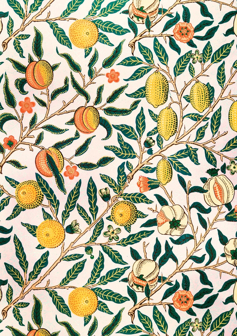 May include: A vintage floral pattern featuring a repeating design of green leaves, orange and yellow fruit, and white flowers on a light pink background.