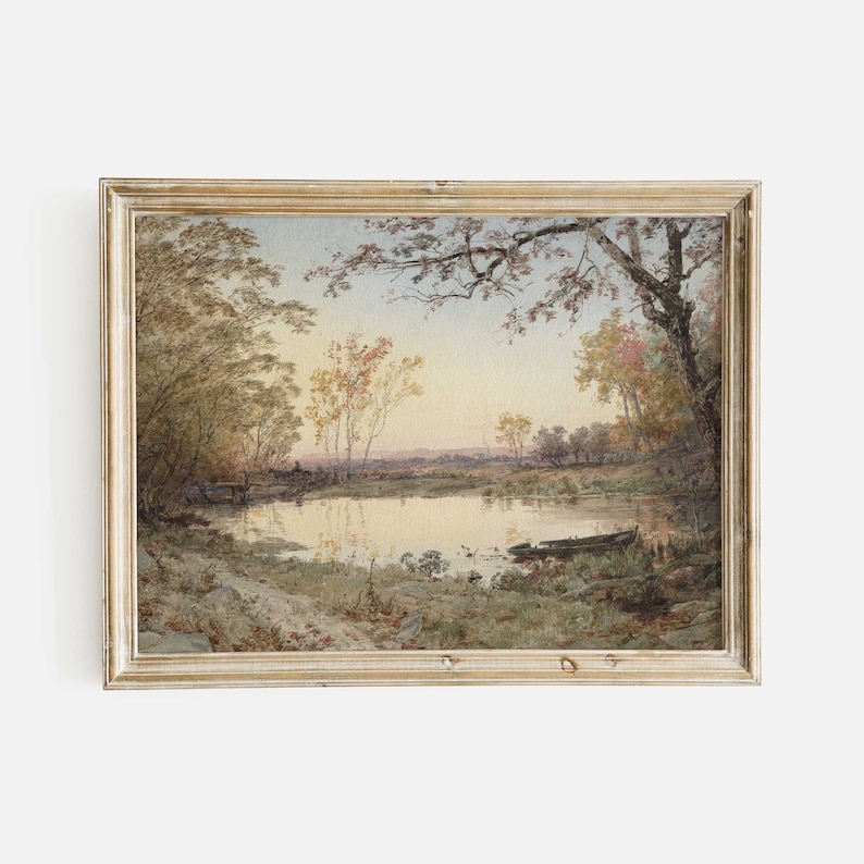 Neutral Autumn Pond Landscape Art, Print of Old Antique Oil Painting