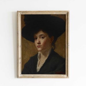 Vintage Portrait of a Lady with a Hat, Print of Antique Oil Painting from Victorian Era, Vintage Wall Art