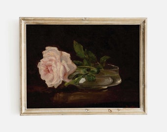 Antique Rose Oil Painting Print: Moody Dark Academia Wall Art