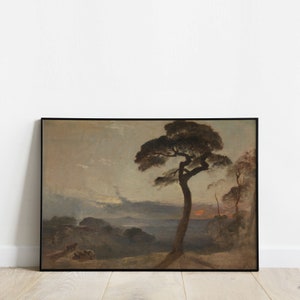 Romantic Sunset Landscape Art, Dark and Moody Antique Oil Painting, Premium Fine Art Print