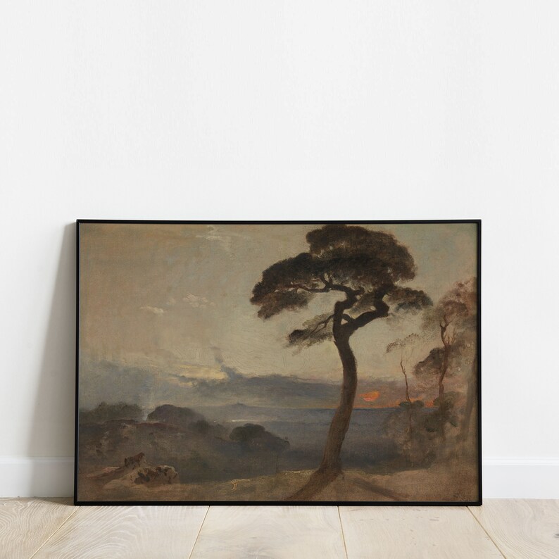 Romantic Sunset Landscape Art, Dark and Moody Antique Oil Painting, Premium Fine Art Print