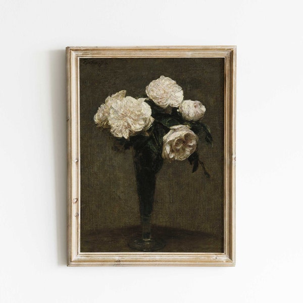 French Dark Moody Roses in Vase Painting Print, Floral Still Life, Romantic European Flowers, Botanical Still Life, Cottage Farmhouse Decor