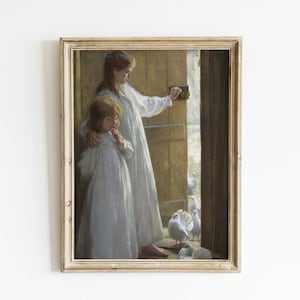 Victorian Portrait Painting Print: Young Girls with Doves, Rustic Farmhouse Wall Art