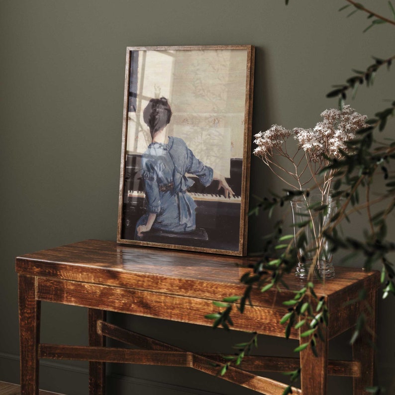 Vintage Portrait Woman Playing Piano, Female Pianist Painting, Antique ...