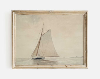 Neutrales Segelboot Aquarellbild, gedruckt und ausgeliefert, Gedämpfte Küstenwandkunst, antiker Hausdruck, antike Landschaftsmalerei