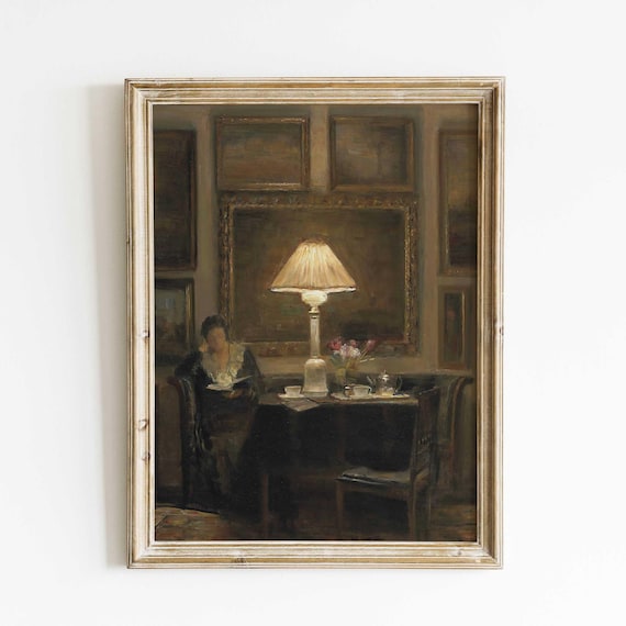 Vintage Woman Reading Art Print: Moody Oil Painting, Warm Interior Decor
