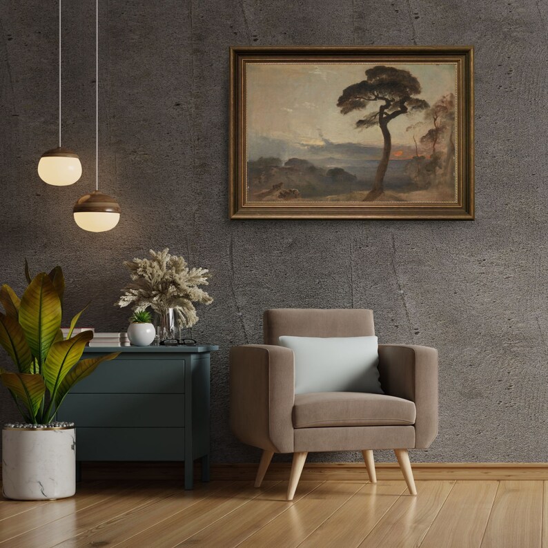 Romantic Sunset Landscape Art, Dark and Moody Antique Oil Painting, Premium Fine Art Print