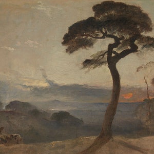 Romantic Sunset Landscape Art, Dark and Moody Antique Oil Painting, Premium Fine Art Print