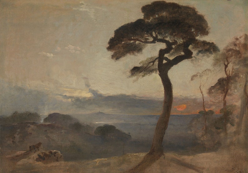Romantic Sunset Landscape Art, Dark and Moody Antique Oil Painting, Premium Fine Art Print