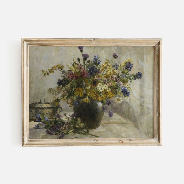 Peinture de fleurs sauvages dans un vase, nature morte florale, européenne rustique, nature morte botanique, impression et expédition