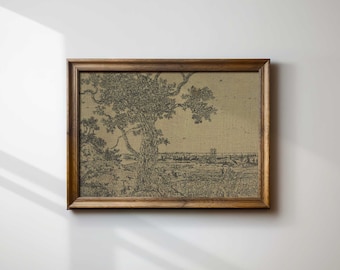 Antique Countryside Sketch Art Print: Vintage Farmhouse Decor