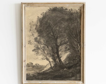 Charcoal Landscape Print: Moody Woodland Scene, Vintage Rustic Decor