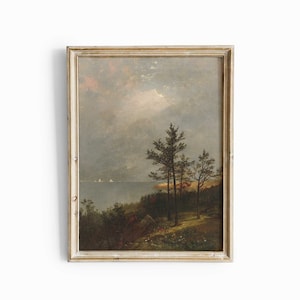 Vintage Autumn Lake Print, Fall Wall Decor, Coastal Landscape Oil Painting