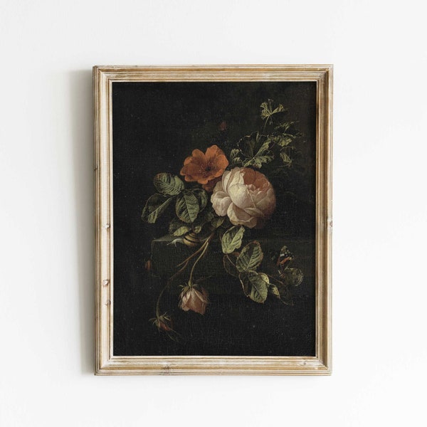 Dark Moody Roses Print: Antique Floral Oil Painting, Dark Academia Decor