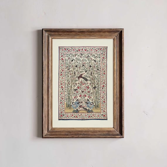 Botanical Textile Print: Vintage Floral Bird Tapestry Wall Art