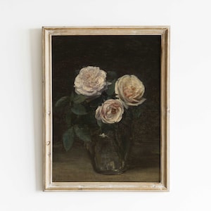 Stimmungsvolle Rosenmalerei in einer Vase, Dark Academia Art