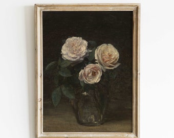 Antique Roses in Vase Painting Print, Moody Floral Painting, Dark Academia Art