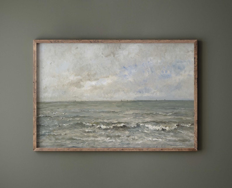 Vintage Meereslandschaft Ozean Druck, Küstenmalerei mit Gedämpft Bild 2