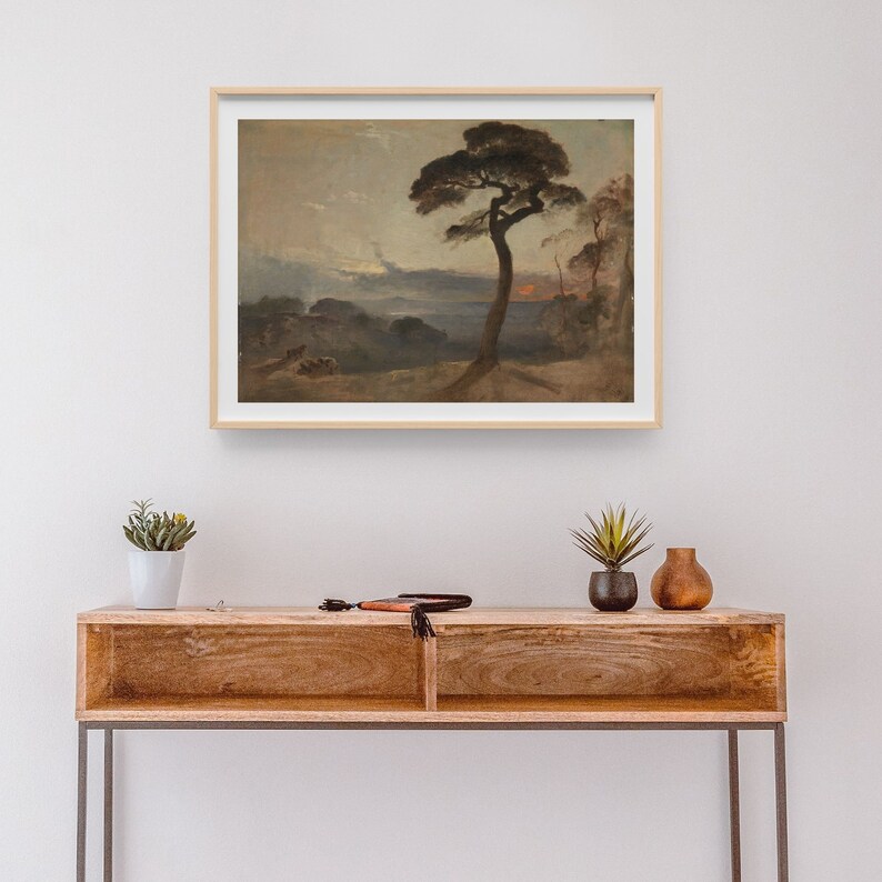 Romantic Sunset Landscape Art, Dark and Moody Antique Oil Painting, Premium Fine Art Print