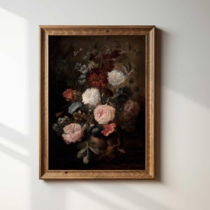 Pintura al óleo floral melancólica, impresión botánica oscura, flores antiguas en jarrón, arte de bodegón vintage, impreso y enviado por Hartsholme Prints