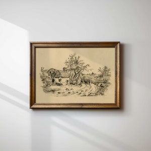 Antieke plattelandschets kunst aan de muur, vintage neutrale landschapstekening, rustiek boerderijdecor, gedrukt en verzonden - Hartsholme Prints