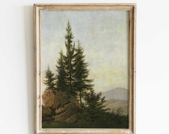Vintage Pine Trees Print, Antique Oil Painting of Pine Trees in a Valley