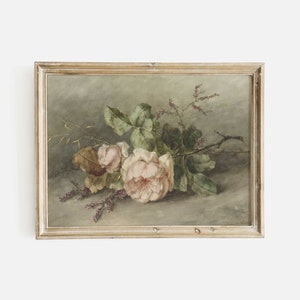 Flower Painting,  Vintage Floral Still Life, Neutral Roses Painting, White Flower Blooms, Antique Oil Painting