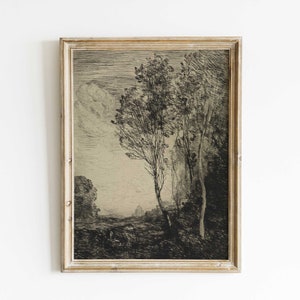 Könnte beinhalten: Ein Schwarzweiß-Vintage-Druck einer Landschaft mit Bäumen und einem Gebäude in der Ferne. Der Druck ist in einem hellen Holzrahmen gerahmt.