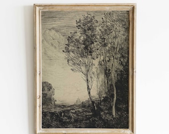 Könnte beinhalten: Ein Schwarzweiß-Vintage-Druck einer Landschaft mit Bäumen und einem Gebäude in der Ferne. Der Druck ist in einem hellen Holzrahmen gerahmt.