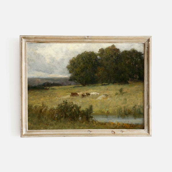 Platteland landschap print, vee in de buurt van Stream schilderij, vintage landschapskunst, decor van de boerderij, grazende koeien