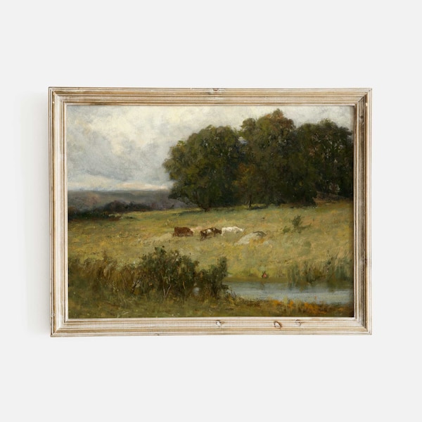 Vintage Farmhouse Landscape Print: Cattle Grazing by Stream