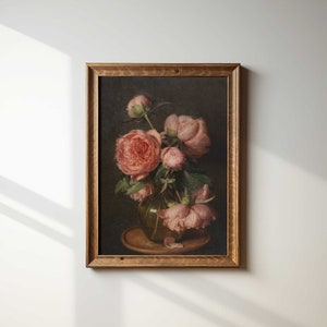 Antique Peony Oil Painting Print: Dark Moody Floral Wall Art
