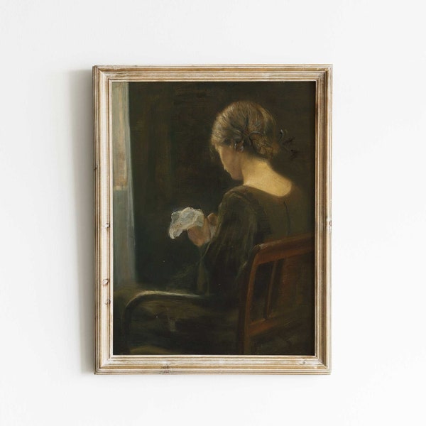 Moody European Portrait, Woman Sewing at the Window,  Print of Antique Oil Painting, Vintage Interior Scene, Female Portrait, Dark Portrait