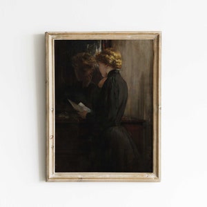 Mujer vintage leyendo cartas de amor, impresión de retrato oscuro, impresión de reflexión melancólica,
