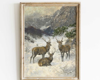 Winter Deer in Snowy Mountain Landscape, Antique Wildlife Painting, Countryside Wall Art, Premium Fine Art Print