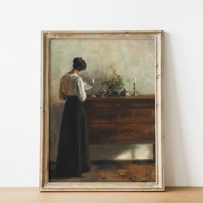 Vintage Portrait Woman Reading, Interior Scene, Print of Antique Oil Painting image 3